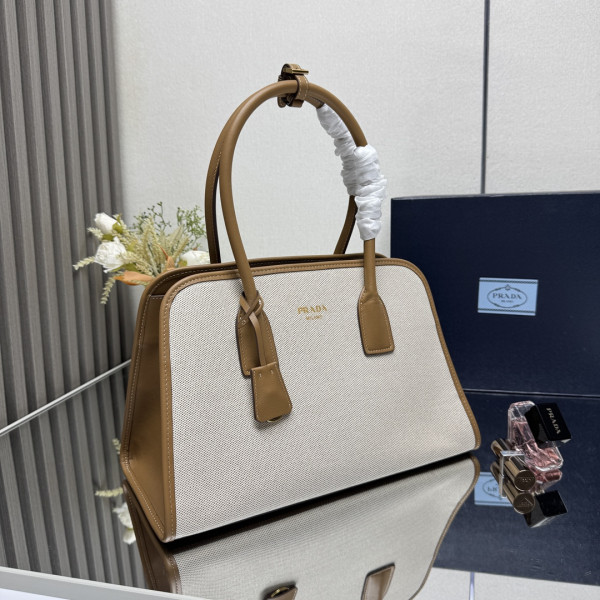 Pra*a medium linen blend and leather tote bag - 35*22.5*18cm