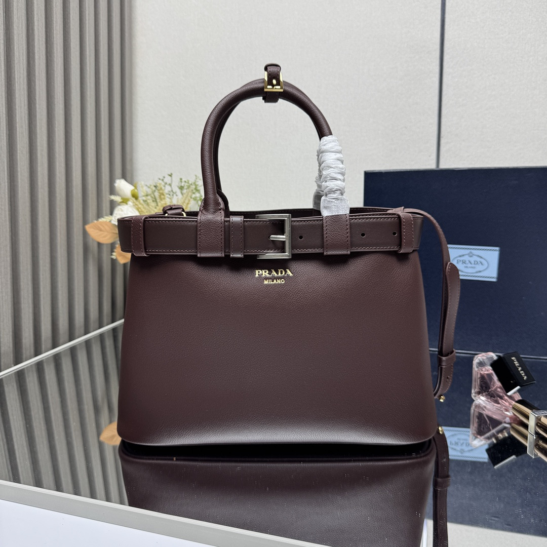 Pra*a buckle large leather handbag with belt-32*23*11cm